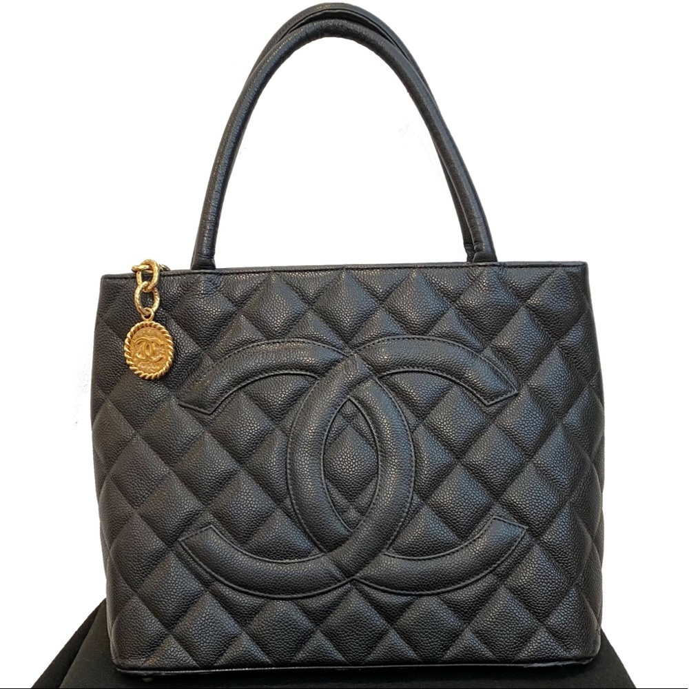 CHANEL Gold Medallion CC Tote in quilted black caviar leather